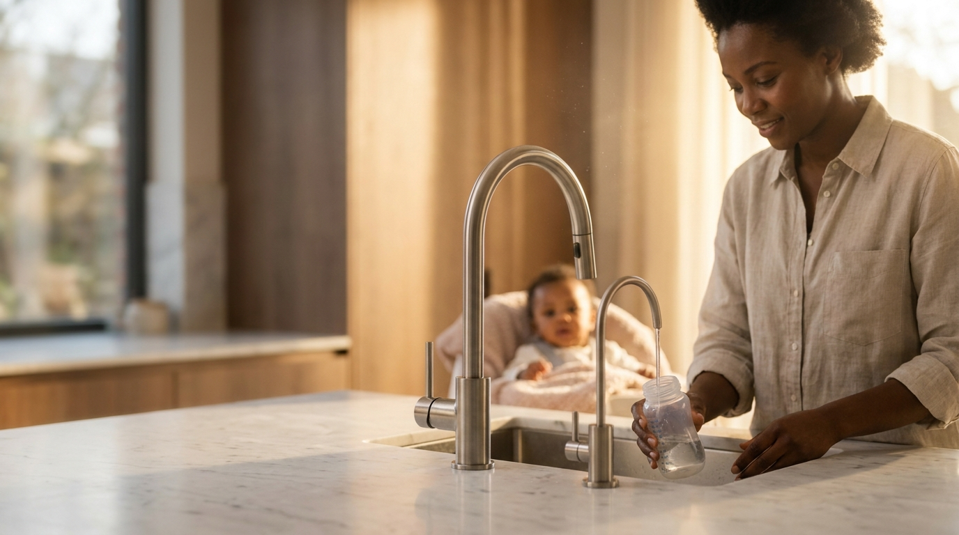 An African family in a luxury contemporary kitchen in Accra, pouring crystal-clear drinking water from a dedicated Waterman faucet